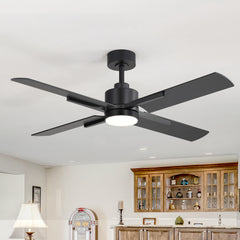 52 Inch Black Modern Ceiling Fan with Light and 4 Blades, Remote Control, 6-Speed Reversible DC Motor, 3CCT LED, Indoor Ceiling Fan for Living Room Bedroom