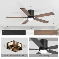 52" Flush Mount Ceiling Fan with Light & Remote, Matte Black Finish, Reversible DC Motor, 6 Speeds, 3-Color 18W LED, Quiet Energy-Saving Low Profile Fan with Dual-Finish Blades for Bedroom Living Room