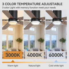 52" Flush Mount Ceiling Fan with Light & Remote, Matte Black Finish, Reversible DC Motor, 6 Speeds, 3-Color 18W LED, Quiet Energy-Saving Low Profile Fan with Dual-Finish Blades for Bedroom Living Room
