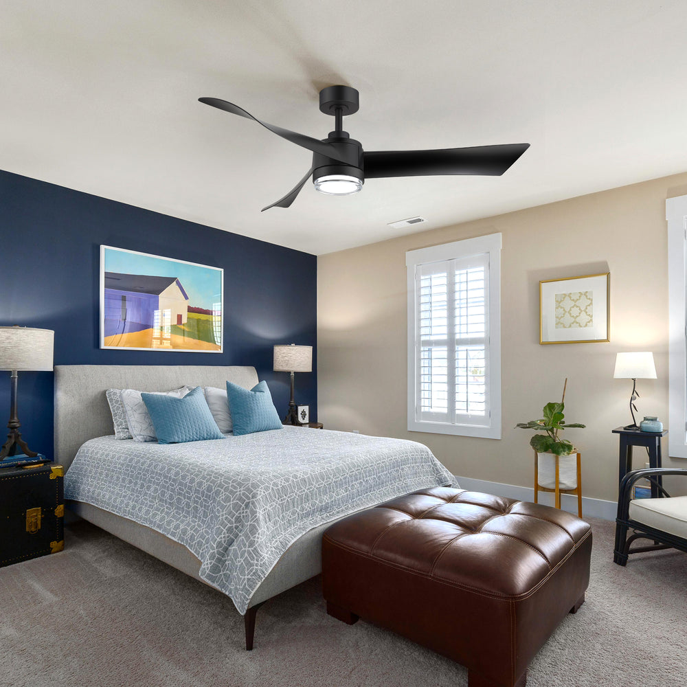 54-Inch Matte Black Ceiling Fan with Light, Dual-Layer Acrylic Shade, 3-Color LED (3000K/4000K/6000K), Quiet DC Motor, 6-Speed Reversible Airflow, Remote Control, Timer, 6-Inch Downrod, Modern Indoor Ceiling Fan for Living Room Bedroom Dining Room