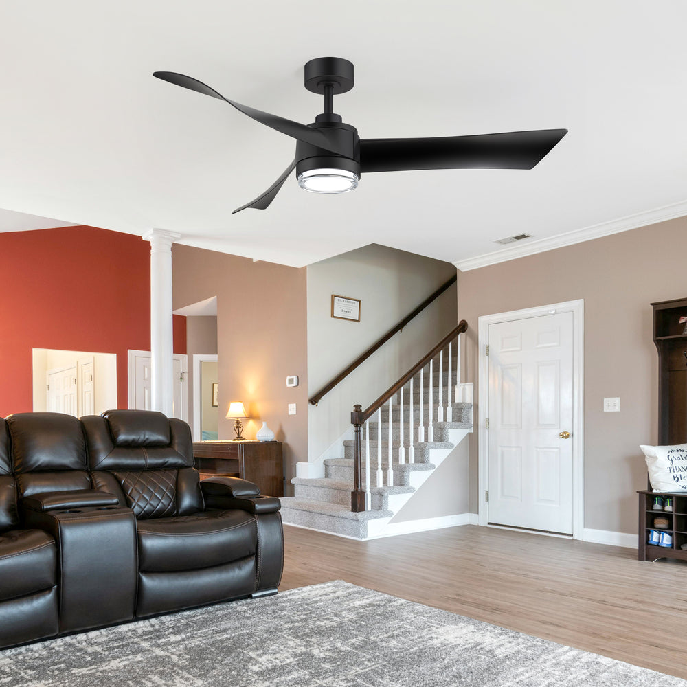 54-Inch Matte Black Ceiling Fan with Light, Dual-Layer Acrylic Shade, 3-Color LED (3000K/4000K/6000K), Quiet DC Motor, 6-Speed Reversible Airflow, Remote Control, Timer, 6-Inch Downrod, Modern Indoor Ceiling Fan for Living Room Bedroom Dining Room