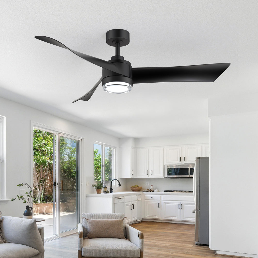 54-Inch Matte Black Ceiling Fan with Light, Dual-Layer Acrylic Shade, 3-Color LED (3000K/4000K/6000K), Quiet DC Motor, 6-Speed Reversible Airflow, Remote Control, Timer, 6-Inch Downrod, Modern Indoor Ceiling Fan for Living Room Bedroom Dining Room