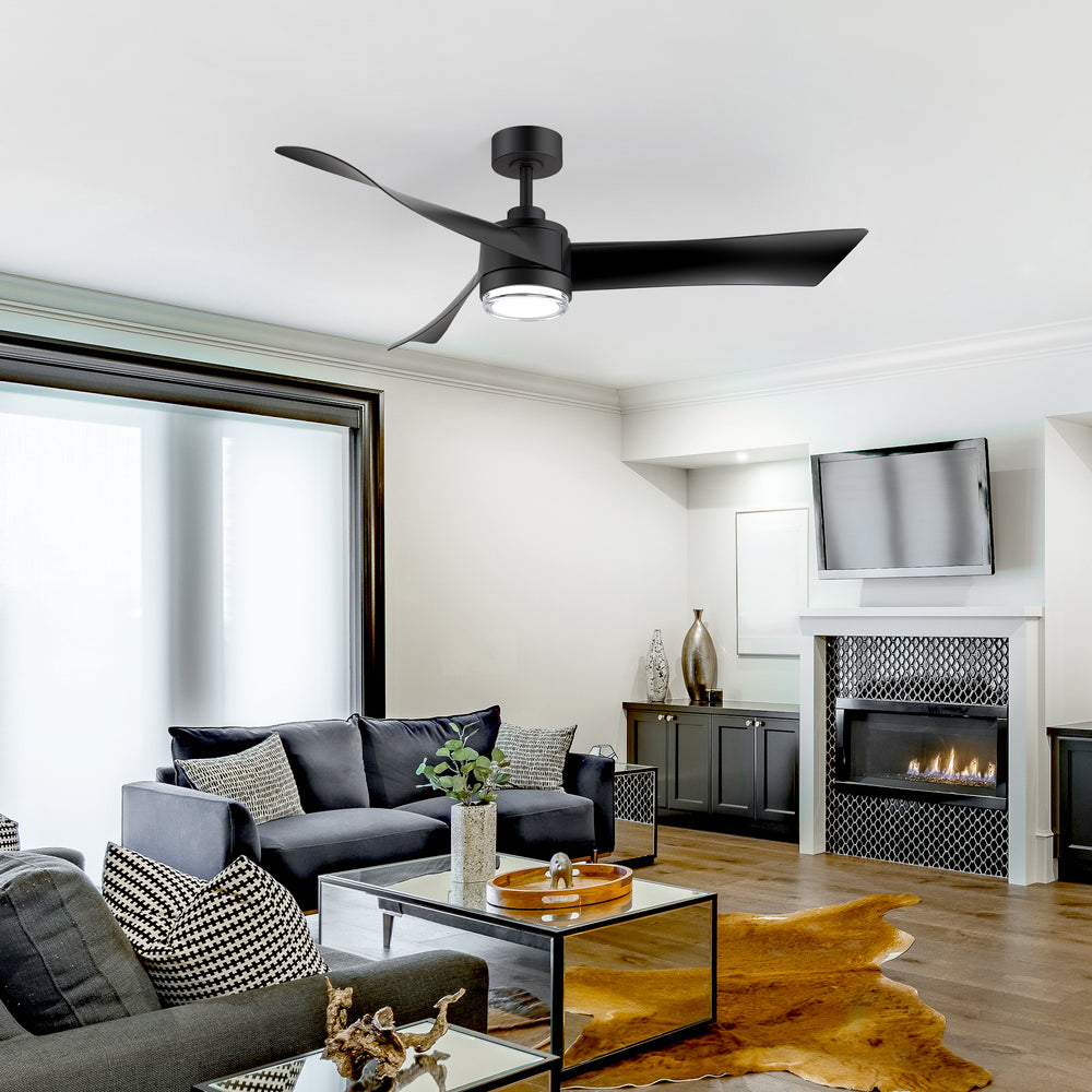 54-Inch Matte Black Ceiling Fan with Light, Dual-Layer Acrylic Shade, 3-Color LED (3000K/4000K/6000K), Quiet DC Motor, 6-Speed Reversible Airflow, Remote Control, Timer, 6-Inch Downrod, Modern Indoor Ceiling Fan for Living Room Bedroom Dining Room