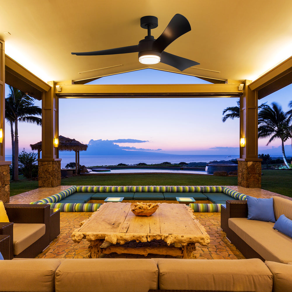 54-Inch Matte Black Ceiling Fan with Light, Dual-Layer Acrylic Shade, 3-Color LED (3000K/4000K/6000K), Quiet DC Motor, 6-Speed Reversible Airflow, Remote Control, Timer, 6-Inch Downrod, Modern Indoor Ceiling Fan for Living Room Bedroom Dining Room