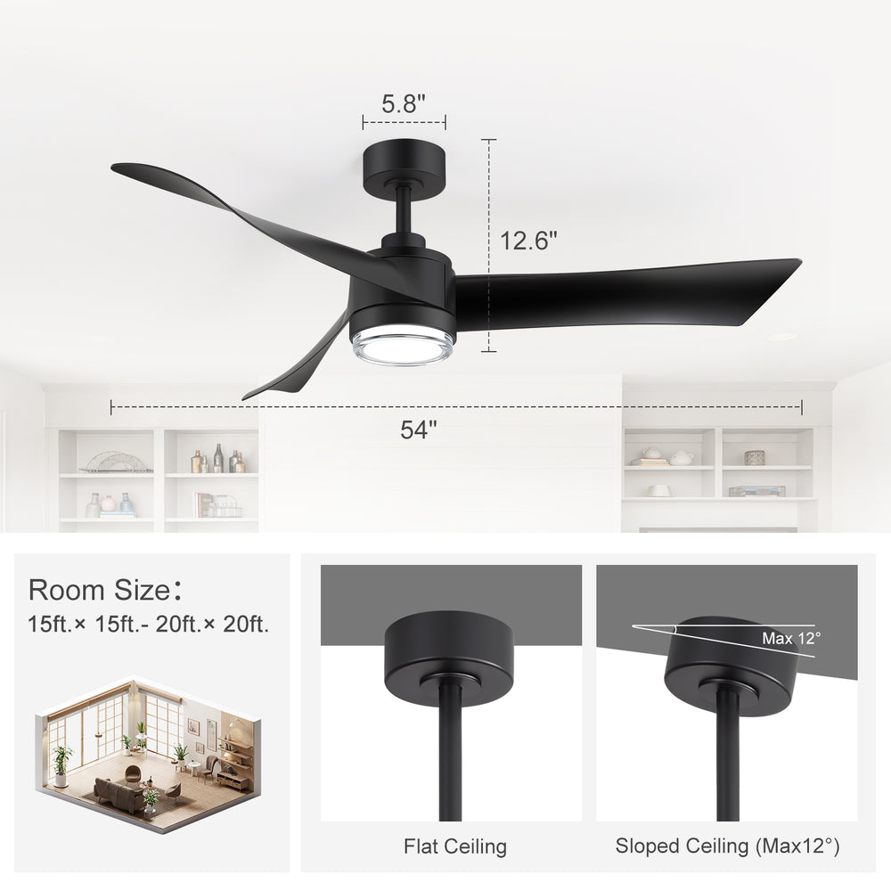 54-Inch Matte Black Ceiling Fan with Light, Dual-Layer Acrylic Shade, 3-Color LED (3000K/4000K/6000K), Quiet DC Motor, 6-Speed Reversible Airflow, Remote Control, Timer, 6-Inch Downrod, Modern Indoor Ceiling Fan for Living Room Bedroom Dining Room