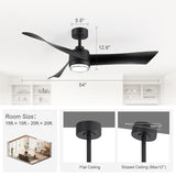 54-Inch Matte Black Ceiling Fan with Light, Dual-Layer Acrylic Shade, 3-Color LED (3000K/4000K/6000K), Quiet DC Motor, 6-Speed Reversible Airflow, Remote Control, Timer, 6-Inch Downrod, Modern Indoor Ceiling Fan for Living Room Bedroom Dining Room