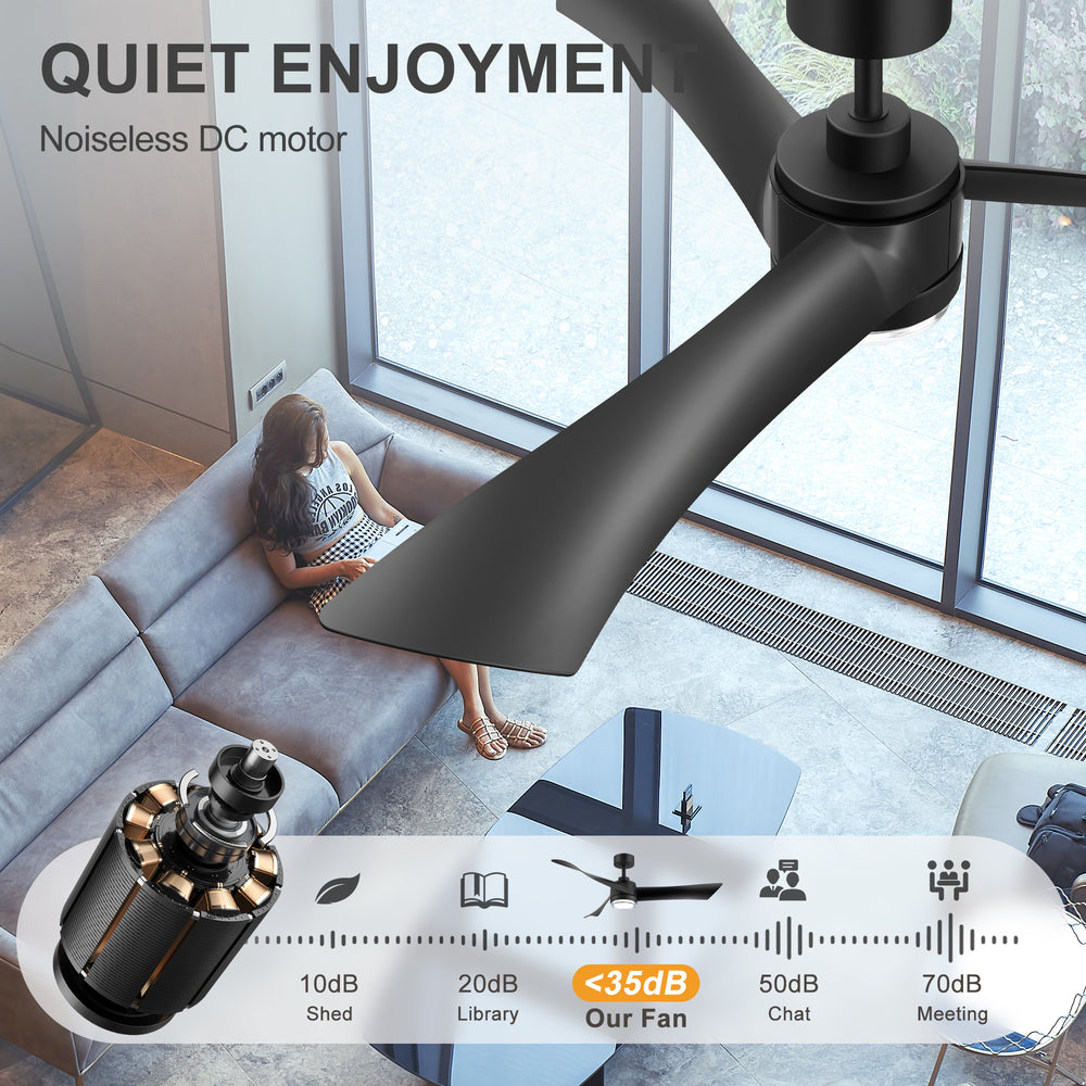 54-Inch Matte Black Ceiling Fan with Light, Dual-Layer Acrylic Shade, 3-Color LED (3000K/4000K/6000K), Quiet DC Motor, 6-Speed Reversible Airflow, Remote Control, Timer, 6-Inch Downrod, Modern Indoor Ceiling Fan for Living Room Bedroom Dining Room