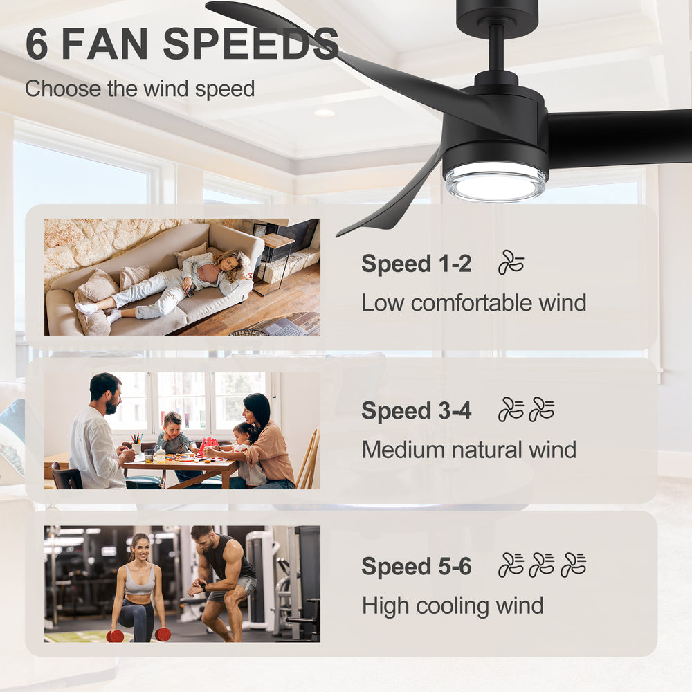 54-Inch Matte Black Ceiling Fan with Light, Dual-Layer Acrylic Shade, 3-Color LED (3000K/4000K/6000K), Quiet DC Motor, 6-Speed Reversible Airflow, Remote Control, Timer, 6-Inch Downrod, Modern Indoor Ceiling Fan for Living Room Bedroom Dining Room