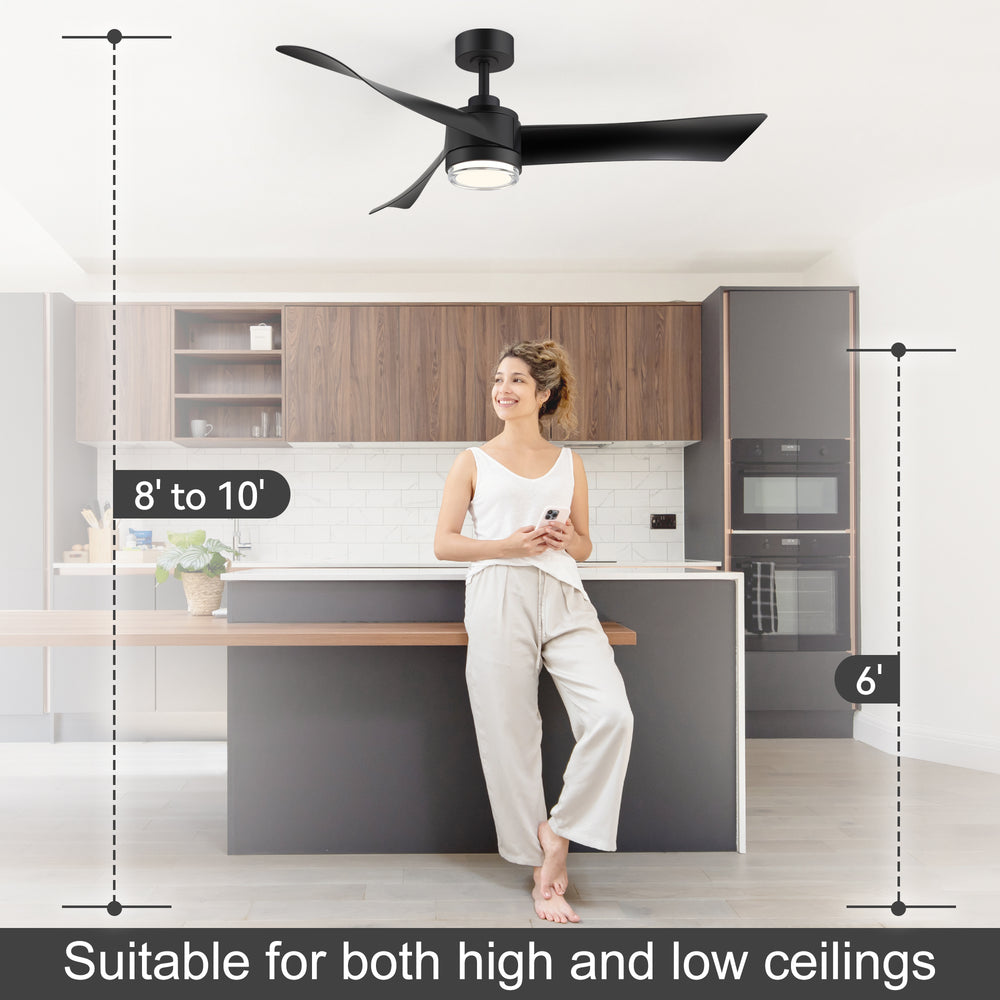 54-Inch Matte Black Ceiling Fan with Light, Dual-Layer Acrylic Shade, 3-Color LED (3000K/4000K/6000K), Quiet DC Motor, 6-Speed Reversible Airflow, Remote Control, Timer, 6-Inch Downrod, Modern Indoor Ceiling Fan for Living Room Bedroom Dining Room