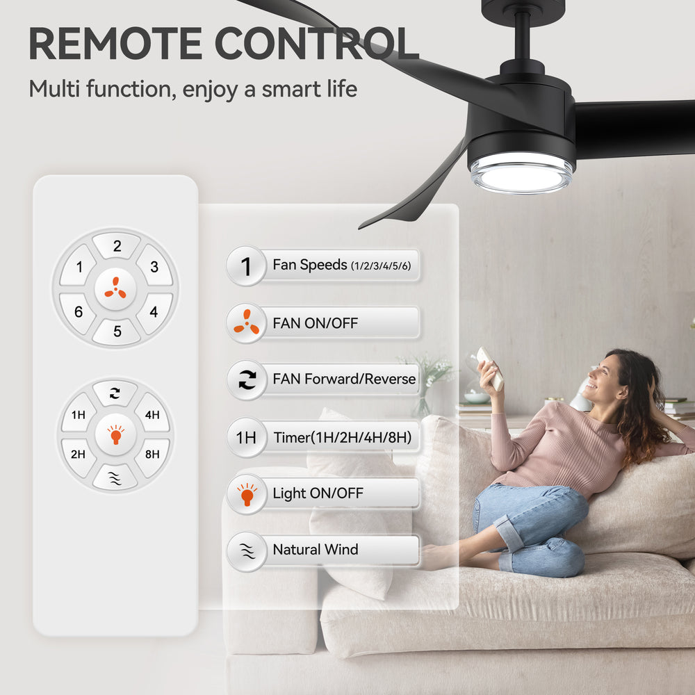 54-Inch Matte Black Ceiling Fan with Light, Dual-Layer Acrylic Shade, 3-Color LED (3000K/4000K/6000K), Quiet DC Motor, 6-Speed Reversible Airflow, Remote Control, Timer, 6-Inch Downrod, Modern Indoor Ceiling Fan for Living Room Bedroom Dining Room