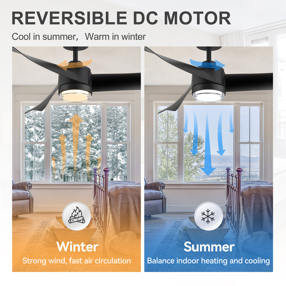 54-Inch Matte Black Ceiling Fan with Light, Dual-Layer Acrylic Shade, 3-Color LED (3000K/4000K/6000K), Quiet DC Motor, 6-Speed Reversible Airflow, Remote Control, Timer, 6-Inch Downrod, Modern Indoor Ceiling Fan for Living Room Bedroom Dining Room