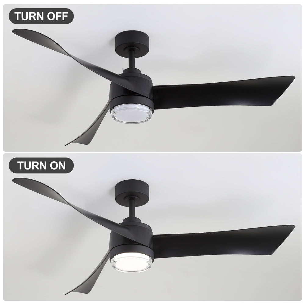 54-Inch Matte Black Ceiling Fan with Light, Dual-Layer Acrylic Shade, 3-Color LED (3000K/4000K/6000K), Quiet DC Motor, 6-Speed Reversible Airflow, Remote Control, Timer, 6-Inch Downrod, Modern Indoor Ceiling Fan for Living Room Bedroom Dining Room