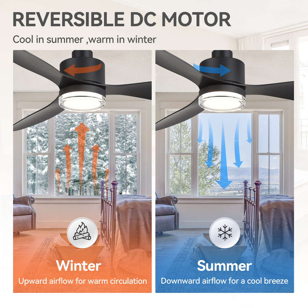 52-Inch Ceiling Fan with Light, Modern Gold/Black Finish, 3 ABS Blades, 18W 3-Color LED with Double-Layer Acrylic Shade, Quiet DC Motor, 6-Speed Reversible, Remote Control with 1/4H Timer, 6-In Downrod, Indoor Use