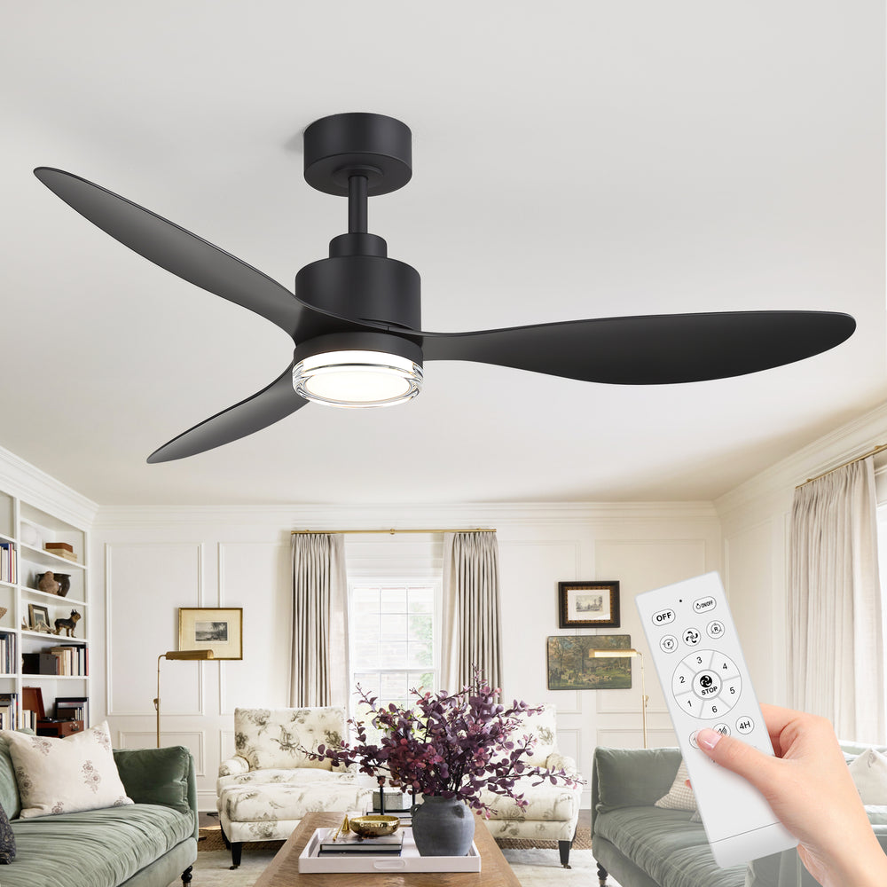 52-Inch Ceiling Fan with Light, Modern Gold/Black Finish, 3 ABS Blades, 18W 3-Color LED with Double-Layer Acrylic Shade, Quiet DC Motor, 6-Speed Reversible, Remote Control with 1/4H Timer, 6-In Downrod, Indoor Use