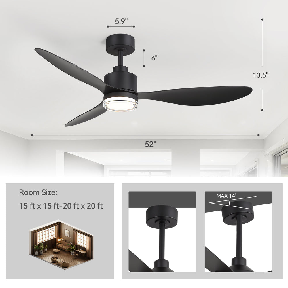 52-Inch Ceiling Fan with Light, Modern Gold/Black Finish, 3 ABS Blades, 18W 3-Color LED with Double-Layer Acrylic Shade, Quiet DC Motor, 6-Speed Reversible, Remote Control with 1/4H Timer, 6-In Downrod, Indoor Use