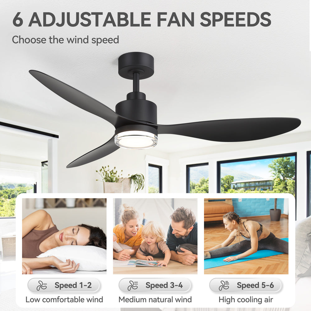 52-Inch Ceiling Fan with Light, Modern Gold/Black Finish, 3 ABS Blades, 18W 3-Color LED with Double-Layer Acrylic Shade, Quiet DC Motor, 6-Speed Reversible, Remote Control with 1/4H Timer, 6-In Downrod, Indoor Use