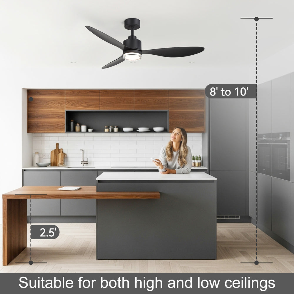 52-Inch Ceiling Fan with Light, Modern Gold/Black Finish, 3 ABS Blades, 18W 3-Color LED with Double-Layer Acrylic Shade, Quiet DC Motor, 6-Speed Reversible, Remote Control with 1/4H Timer, 6-In Downrod, Indoor Use