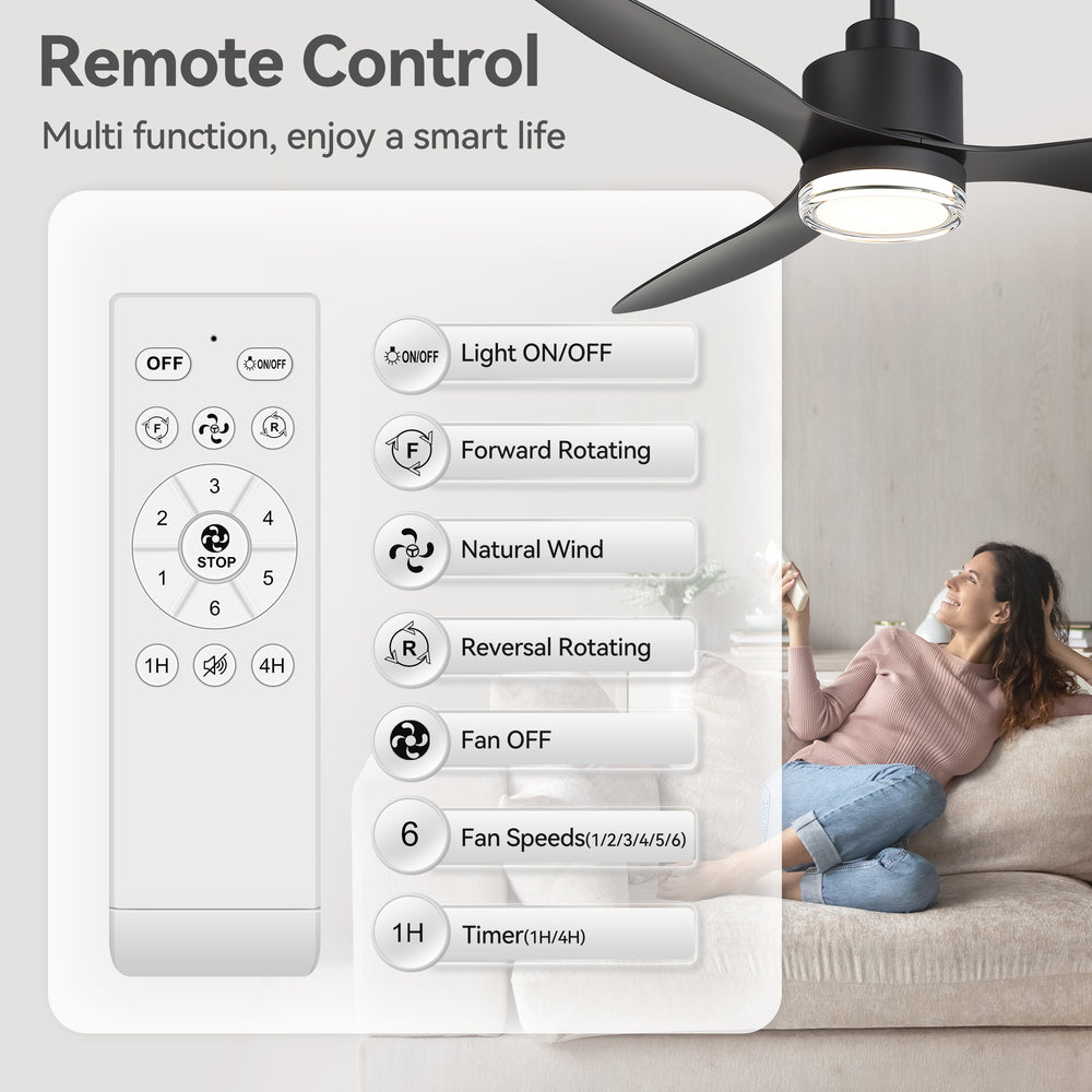 52-Inch Ceiling Fan with Light, Modern Gold/Black Finish, 3 ABS Blades, 18W 3-Color LED with Double-Layer Acrylic Shade, Quiet DC Motor, 6-Speed Reversible, Remote Control with 1/4H Timer, 6-In Downrod, Indoor Use