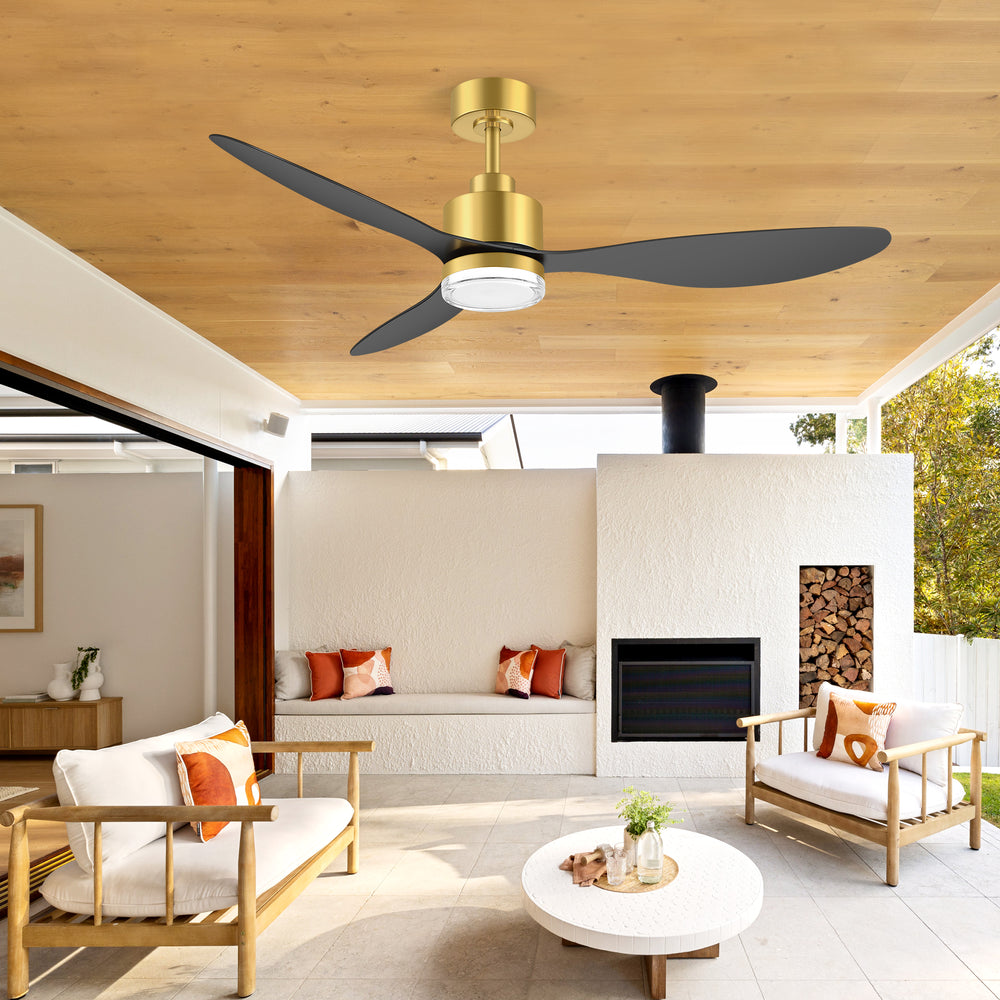 52-Inch Ceiling Fan with Light, Modern Gold/Black Finish, 3 ABS Blades, 18W 3-Color LED with Double-Layer Acrylic Shade, Quiet DC Motor, 6-Speed Reversible, Remote Control with 1/4H Timer, 6-In Downrod, Indoor Use