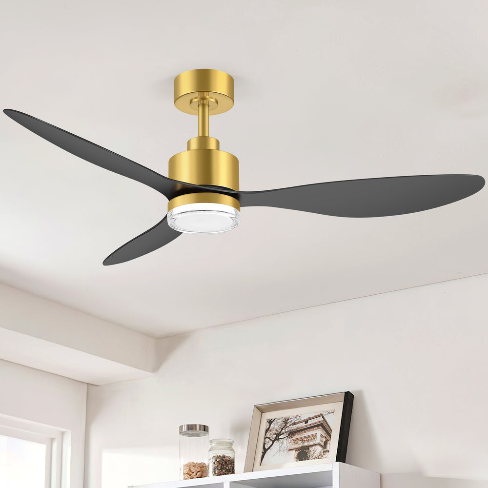 52-Inch Ceiling Fan with Light, Modern Gold/Black Finish, 3 ABS Blades, 18W 3-Color LED with Double-Layer Acrylic Shade, Quiet DC Motor, 6-Speed Reversible, Remote Control with 1/4H Timer, 6-In Downrod, Indoor Use