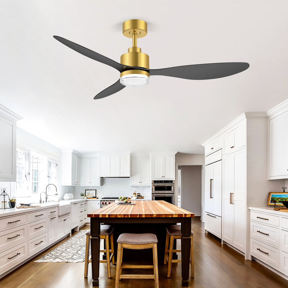52-Inch Ceiling Fan with Light, Modern Gold/Black Finish, 3 ABS Blades, 18W 3-Color LED with Double-Layer Acrylic Shade, Quiet DC Motor, 6-Speed Reversible, Remote Control with 1/4H Timer, 6-In Downrod, Indoor Use