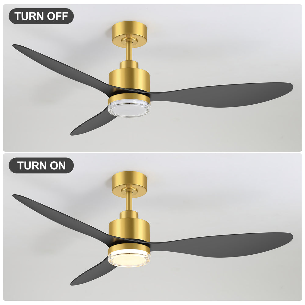 52-Inch Ceiling Fan with Light, Modern Gold/Black Finish, 3 ABS Blades, 18W 3-Color LED with Double-Layer Acrylic Shade, Quiet DC Motor, 6-Speed Reversible, Remote Control with 1/4H Timer, 6-In Downrod, Indoor Use