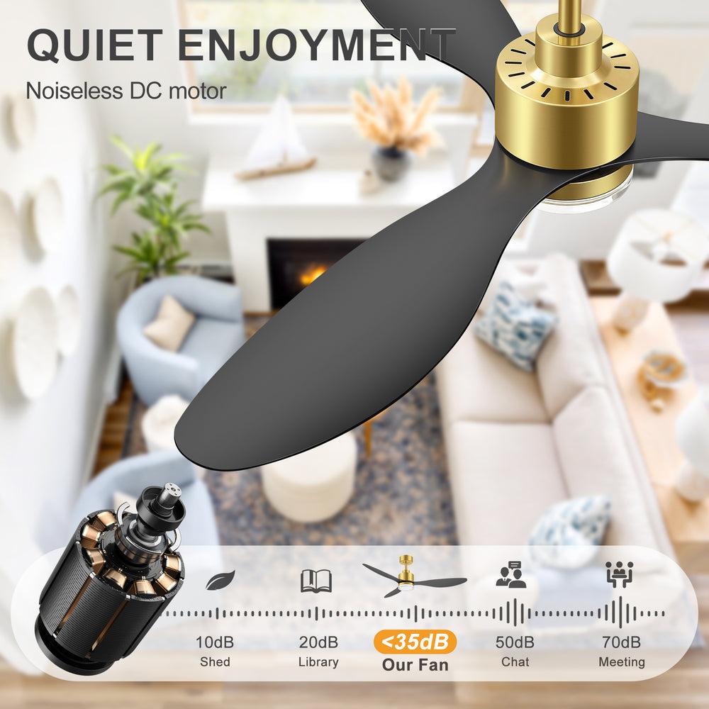52-Inch Ceiling Fan with Light, Modern Gold/Black Finish, 3 ABS Blades, 18W 3-Color LED with Double-Layer Acrylic Shade, Quiet DC Motor, 6-Speed Reversible, Remote Control with 1/4H Timer, 6-In Downrod, Indoor Use