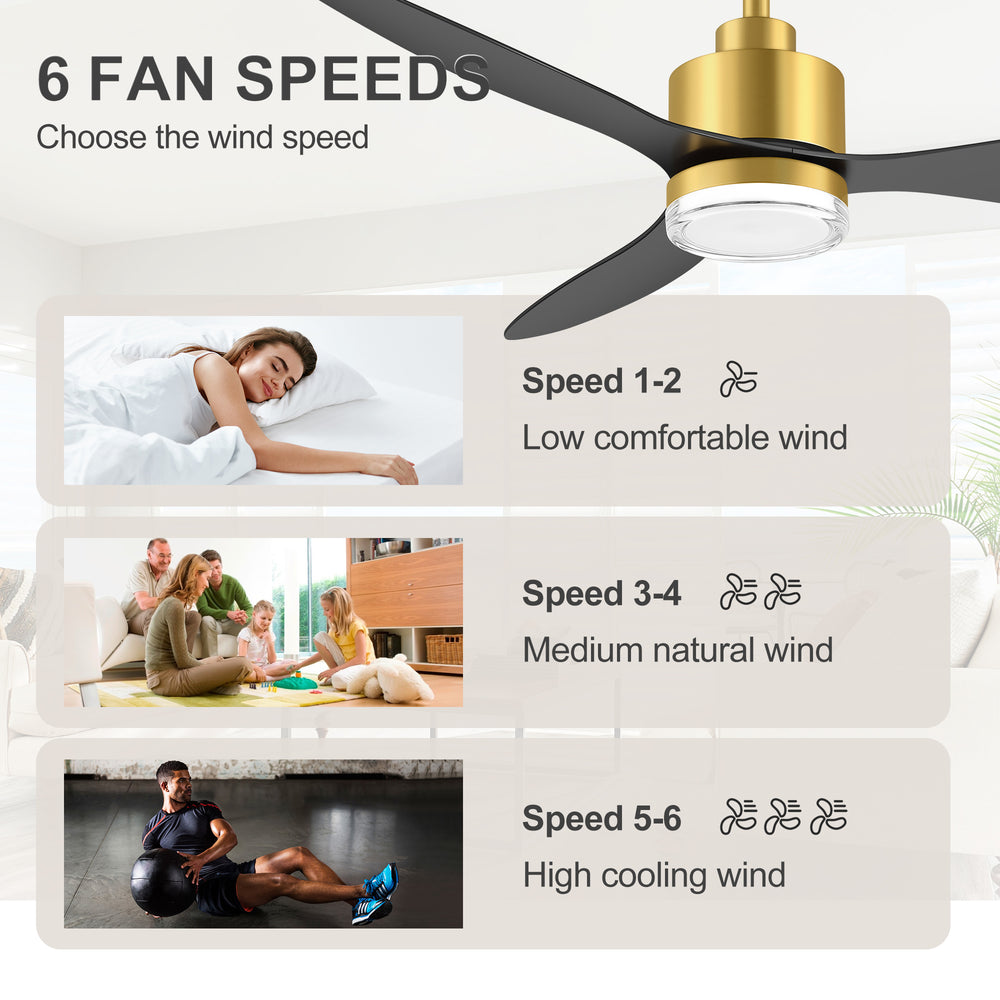 52-Inch Ceiling Fan with Light, Modern Gold/Black Finish, 3 ABS Blades, 18W 3-Color LED with Double-Layer Acrylic Shade, Quiet DC Motor, 6-Speed Reversible, Remote Control with 1/4H Timer, 6-In Downrod, Indoor Use