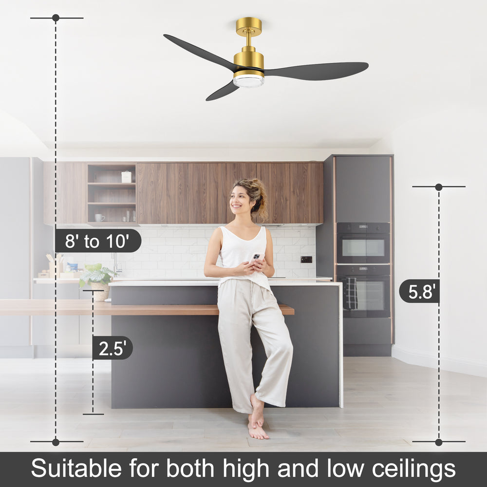 52-Inch Ceiling Fan with Light, Modern Gold/Black Finish, 3 ABS Blades, 18W 3-Color LED with Double-Layer Acrylic Shade, Quiet DC Motor, 6-Speed Reversible, Remote Control with 1/4H Timer, 6-In Downrod, Indoor Use