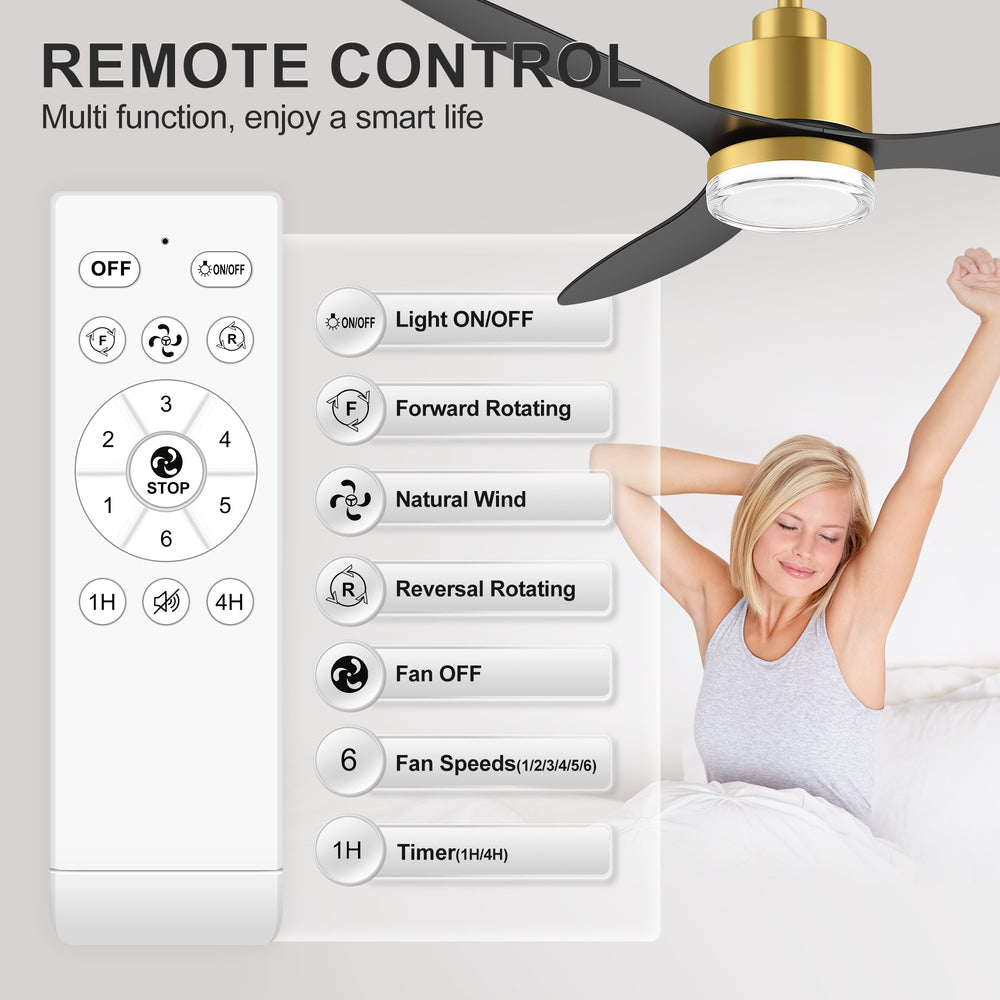52-Inch Ceiling Fan with Light, Modern Gold/Black Finish, 3 ABS Blades, 18W 3-Color LED with Double-Layer Acrylic Shade, Quiet DC Motor, 6-Speed Reversible, Remote Control with 1/4H Timer, 6-In Downrod, Indoor Use
