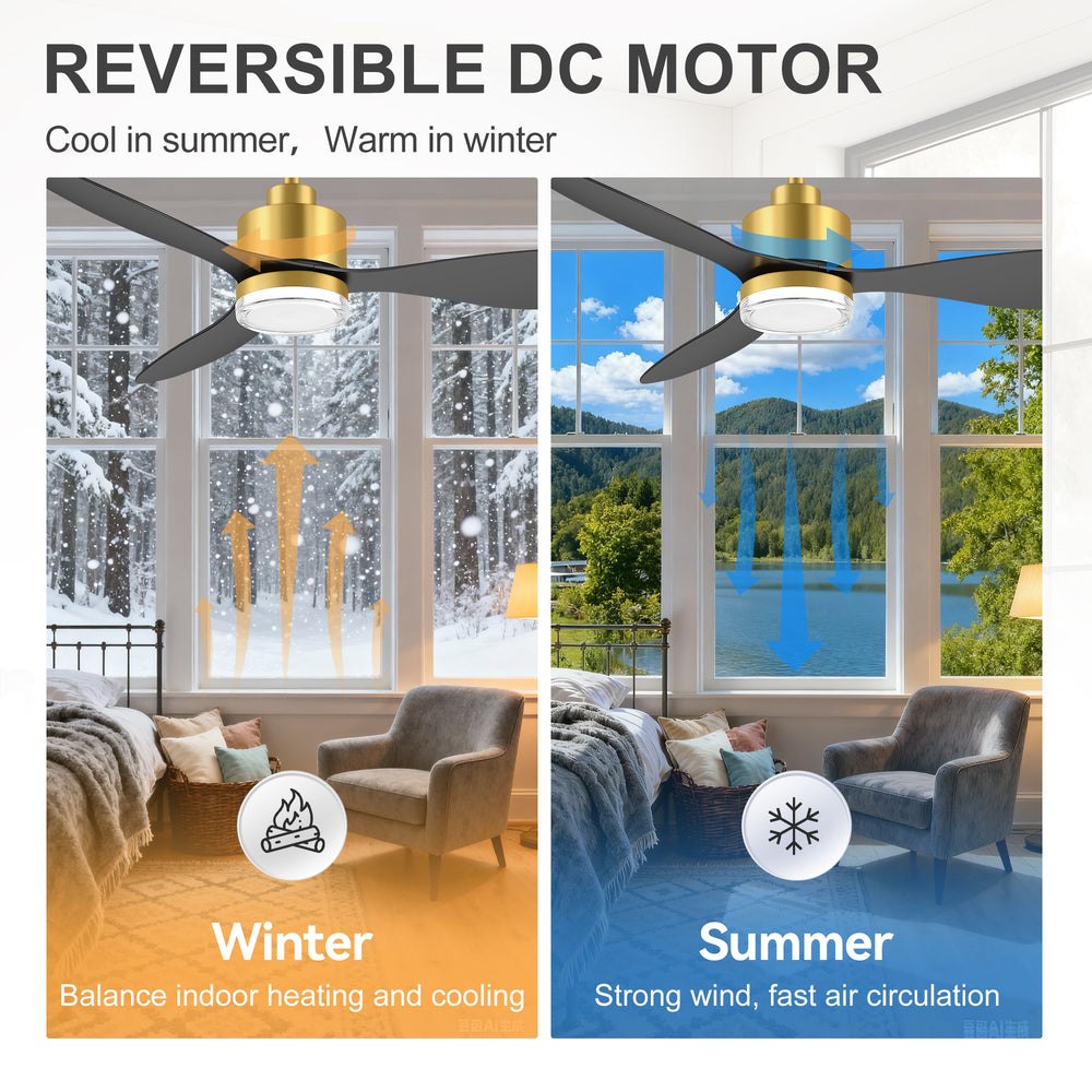 52-Inch Ceiling Fan with Light, Modern Gold/Black Finish, 3 ABS Blades, 18W 3-Color LED with Double-Layer Acrylic Shade, Quiet DC Motor, 6-Speed Reversible, Remote Control with 1/4H Timer, 6-In Downrod, Indoor Use