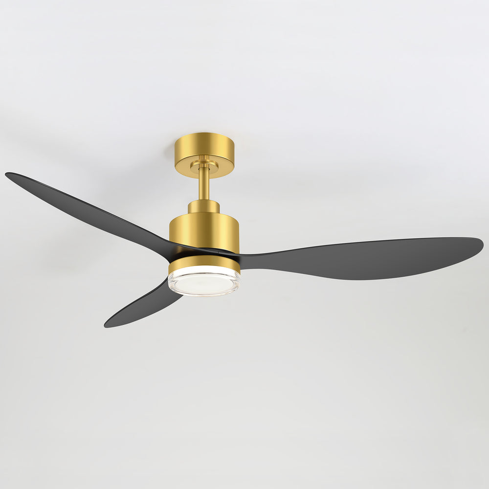 52-Inch Ceiling Fan with Light, Modern Gold/Black Finish, 3 ABS Blades, 18W 3-Color LED with Double-Layer Acrylic Shade, Quiet DC Motor, 6-Speed Reversible, Remote Control with 1/4H Timer, 6-In Downrod, Indoor Use