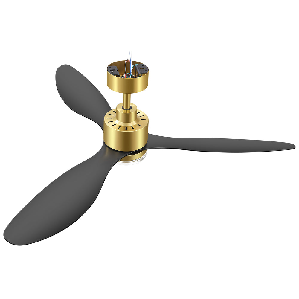 52-Inch Ceiling Fan with Light, Modern Gold/Black Finish, 3 ABS Blades, 18W 3-Color LED with Double-Layer Acrylic Shade, Quiet DC Motor, 6-Speed Reversible, Remote Control with 1/4H Timer, 6-In Downrod, Indoor Use