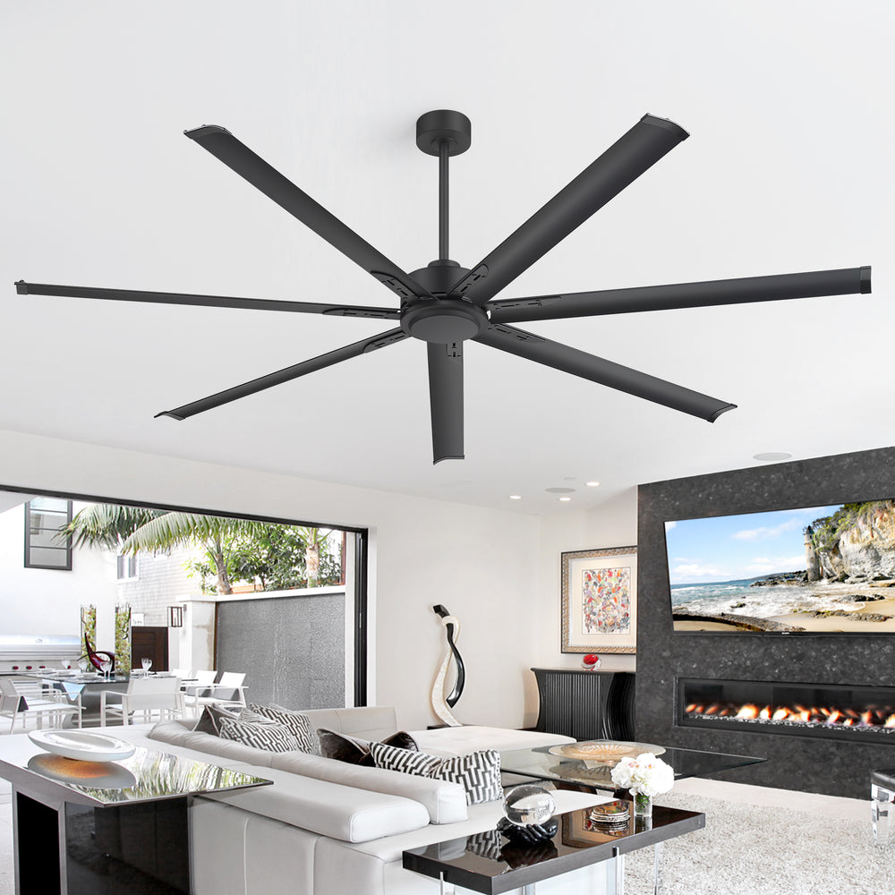 Oversized 84-Inch Ceiling Fan without Light, Matte Black Finish, 7 or 8 Aluminum Blades, Energy-Saving DC Motor, 6-Speed Remote Control with Forward/Reverse, 1/2/4/8H Timer, Includes 6", 12" & 24" Downrods, Quiet Operation for Large Rooms or Patios