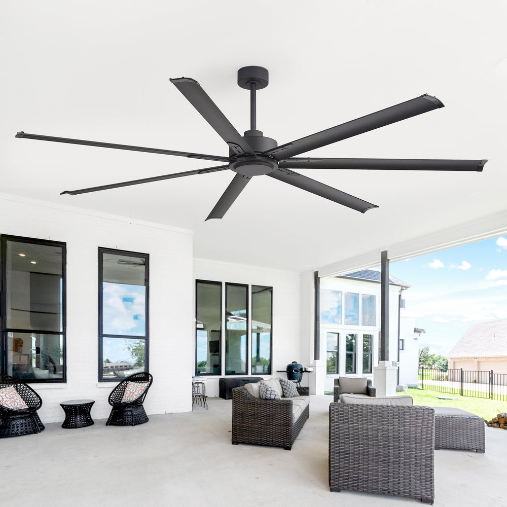 Oversized 84-Inch Ceiling Fan without Light, Matte Black Finish, 7 or 8 Aluminum Blades, Energy-Saving DC Motor, 6-Speed Remote Control with Forward/Reverse, 1/2/4/8H Timer, Includes 6", 12" & 24" Downrods, Quiet Operation for Large Rooms or Patios