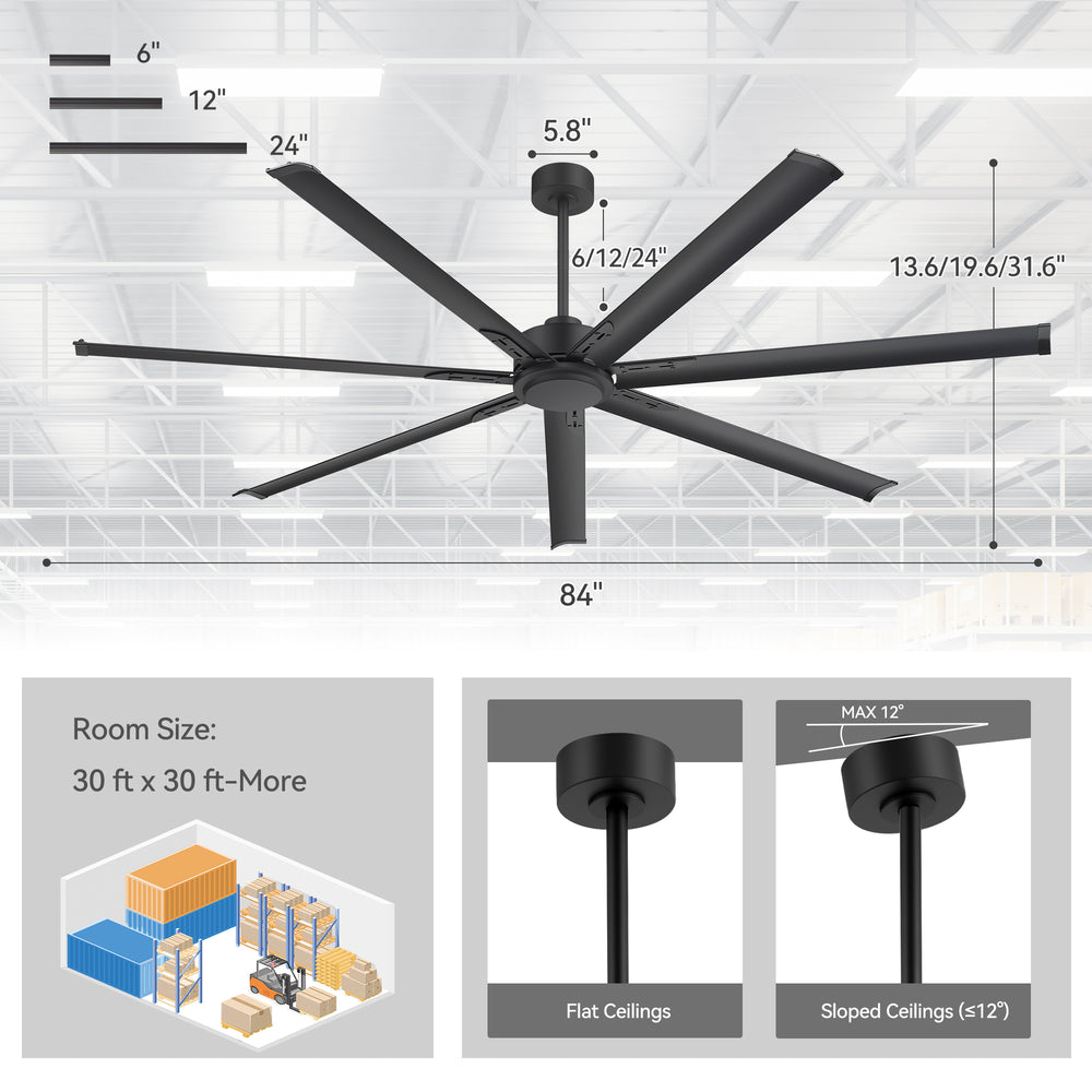 Oversized 84-Inch Ceiling Fan without Light, Matte Black Finish, 7 or 8 Aluminum Blades, Energy-Saving DC Motor, 6-Speed Remote Control with Forward/Reverse, 1/2/4/8H Timer, Includes 6", 12" & 24" Downrods, Quiet Operation for Large Rooms or Patios