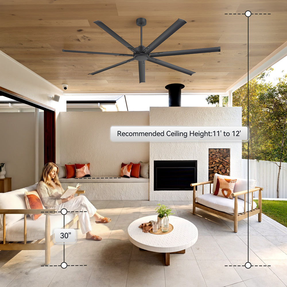 Oversized 84-Inch Ceiling Fan without Light, Matte Black Finish, 7 or 8 Aluminum Blades, Energy-Saving DC Motor, 6-Speed Remote Control with Forward/Reverse, 1/2/4/8H Timer, Includes 6", 12" & 24" Downrods, Quiet Operation for Large Rooms or Patios