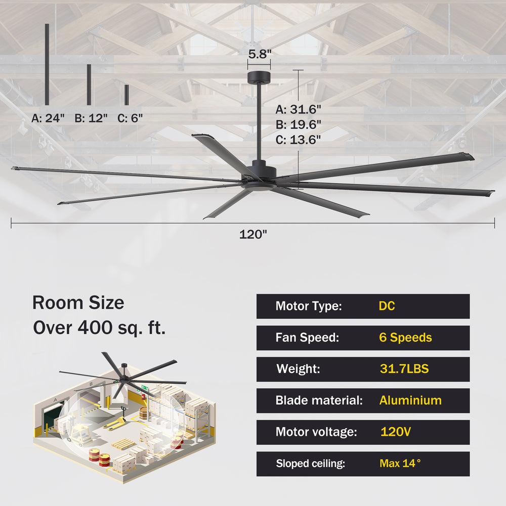 Breezary 120 Inch HVLS Industrial Ceiling Fan with PMSM Motor, 8-Blade Large Ceiling Fan for Warehouse, Gym and Factory - Aluminum No Light