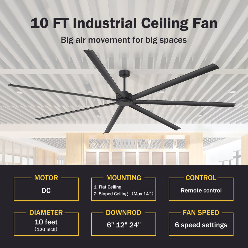 Breezary 120 Inch HVLS Industrial Ceiling Fan with PMSM Motor, 8-Blade Large Ceiling Fan for Warehouse, Gym and Factory - Aluminum No Light