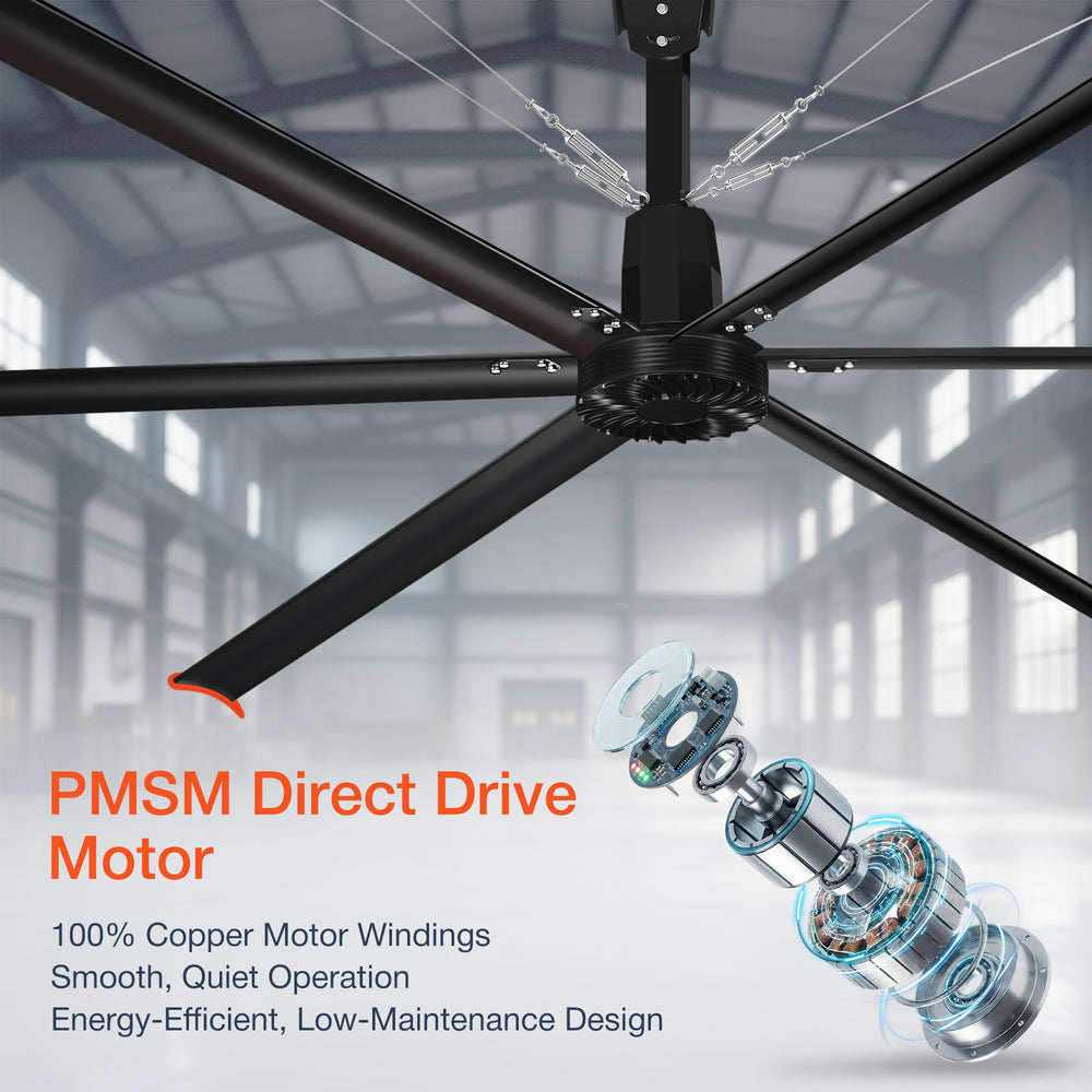 14FT/16FT HVLS Industrial Ceiling Fan 120V 1Ph No Light With 6 Aluminum Blades-Permanent Magnet Synchronous Motor-Wired Wall-Mounted Controller-Energy Efficient Large Area Air Circulation for Fan Warehouses & Factories