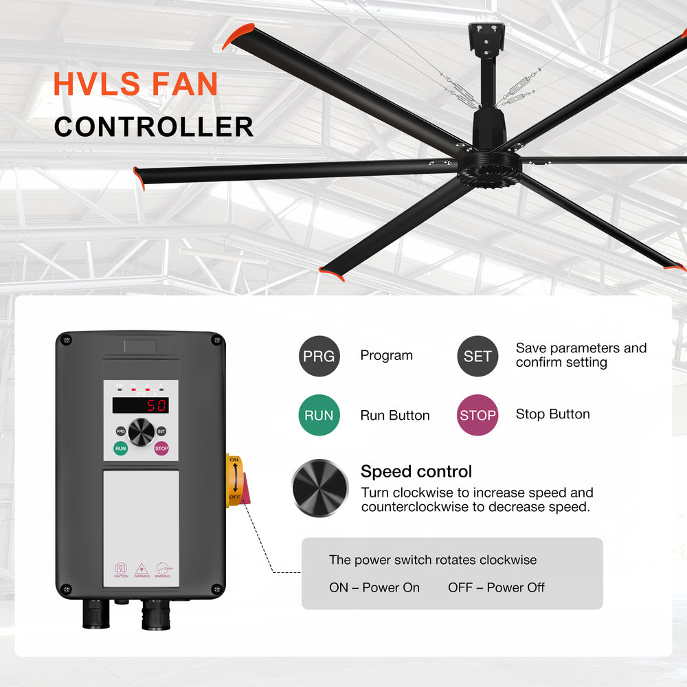 14FT/16FT HVLS Industrial Ceiling Fan 120V 1Ph No Light With 6 Aluminum Blades-Permanent Magnet Synchronous Motor-Wired Wall-Mounted Controller-Energy Efficient Large Area Air Circulation for Fan Warehouses & Factories