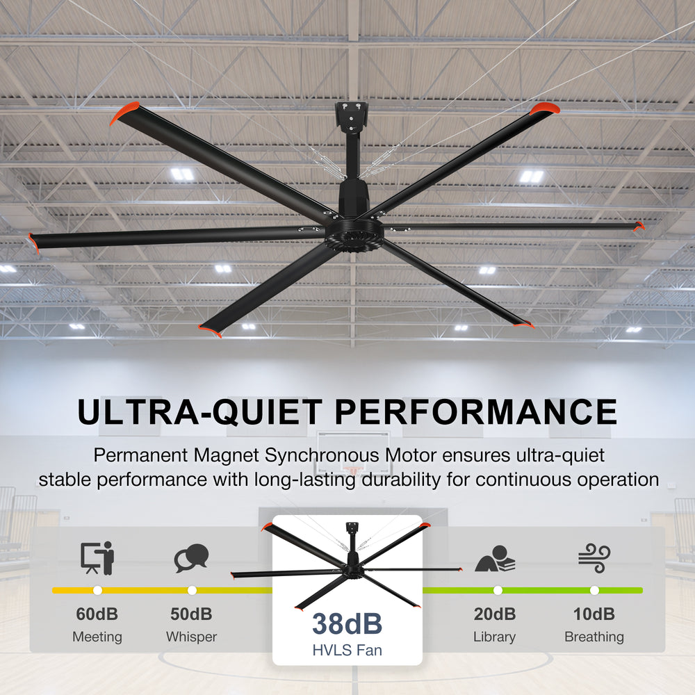14FT/16FT HVLS Industrial Ceiling Fan 120V 1Ph No Light With 6 Aluminum Blades-Permanent Magnet Synchronous Motor-Wired Wall-Mounted Controller-Energy Efficient Large Area Air Circulation for Fan Warehouses & Factories