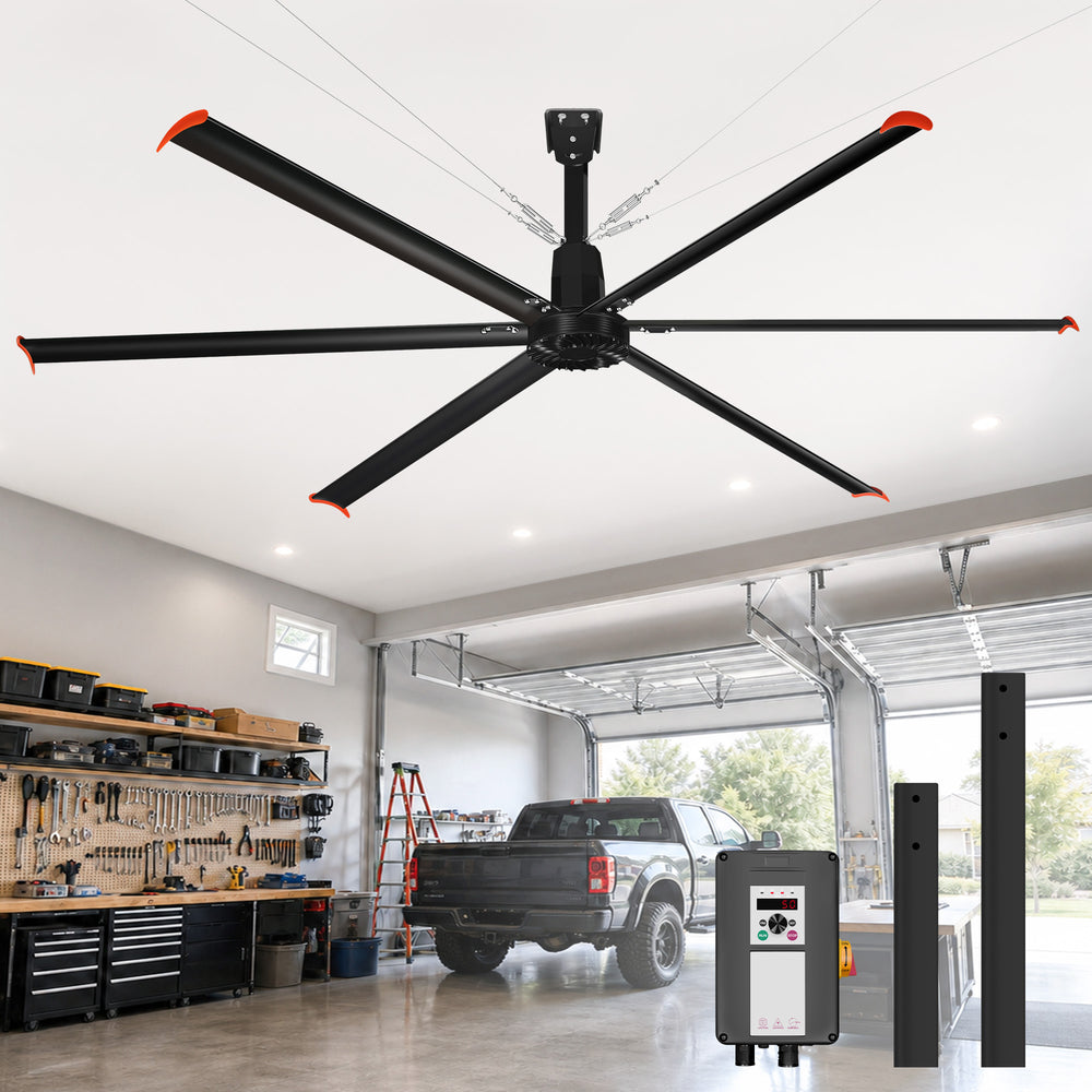 14FT/16FT HVLS Industrial Ceiling Fan 120V 1Ph No Light With 6 Aluminum Blades-Permanent Magnet Synchronous Motor-Wired Wall-Mounted Controller-Energy Efficient Large Area Air Circulation for Fan Warehouses & Factories