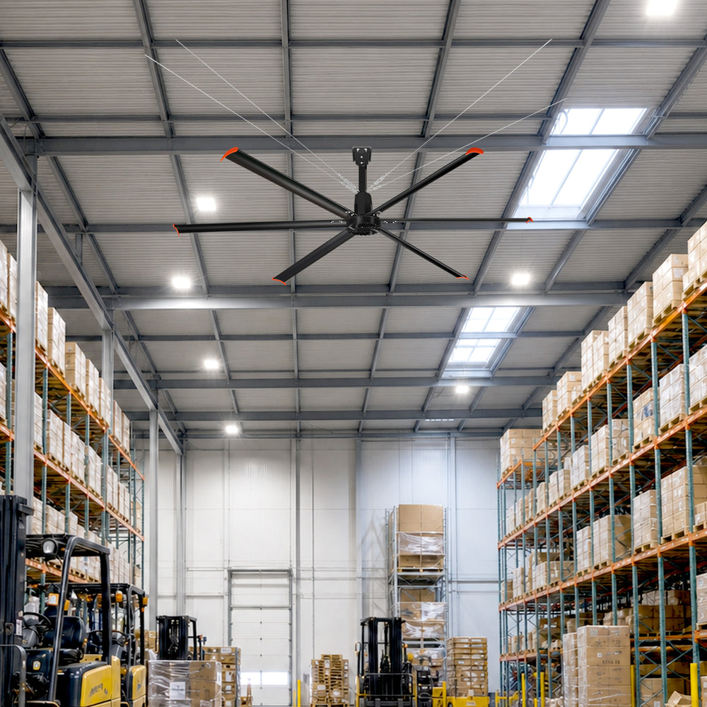 14FT/16FT HVLS Industrial Ceiling Fan 120V 1Ph No Light With 6 Aluminum Blades-Permanent Magnet Synchronous Motor-Wired Wall-Mounted Controller-Energy Efficient Large Area Air Circulation for Fan Warehouses & Factories