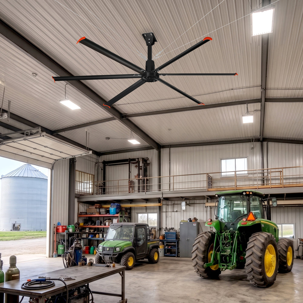 14FT/16FT HVLS Industrial Ceiling Fan 120V 1Ph No Light With 6 Aluminum Blades-Permanent Magnet Synchronous Motor-Wired Wall-Mounted Controller-Energy Efficient Large Area Air Circulation for Fan Warehouses & Factories
