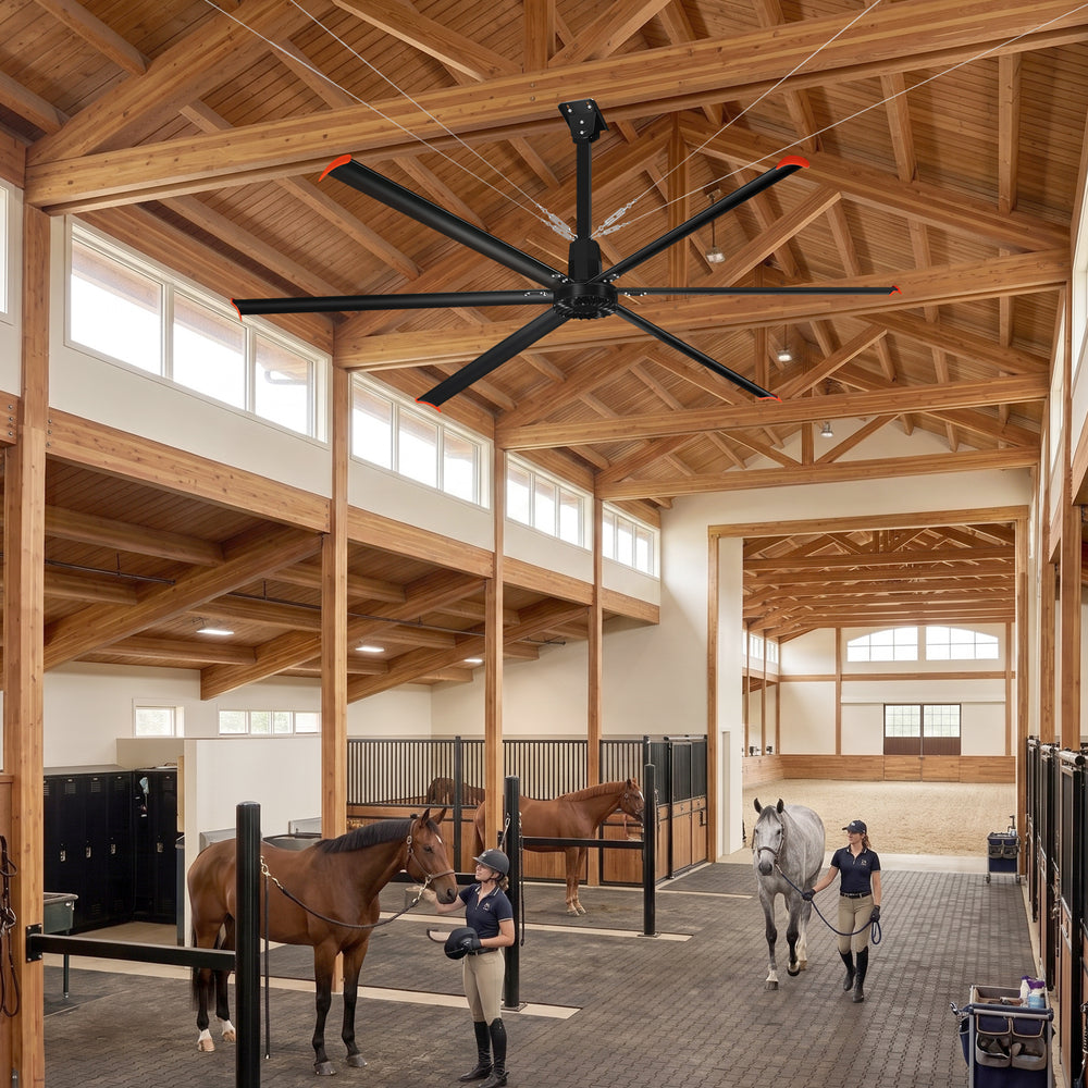 14FT/16FT HVLS Industrial Ceiling Fan 120V 1Ph No Light With 6 Aluminum Blades-Permanent Magnet Synchronous Motor-Wired Wall-Mounted Controller-Energy Efficient Large Area Air Circulation for Fan Warehouses & Factories