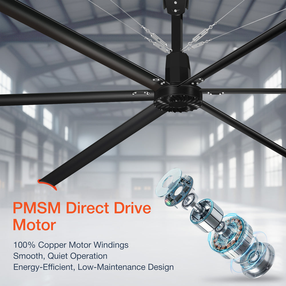 14FT/16FT HVLS Industrial Ceiling Fan 120V 1Ph No Light With 6 Aluminum Blades-Permanent Magnet Synchronous Motor-Wired Wall-Mounted Controller-Energy Efficient Large Area Air Circulation for Fan Warehouses & Factories