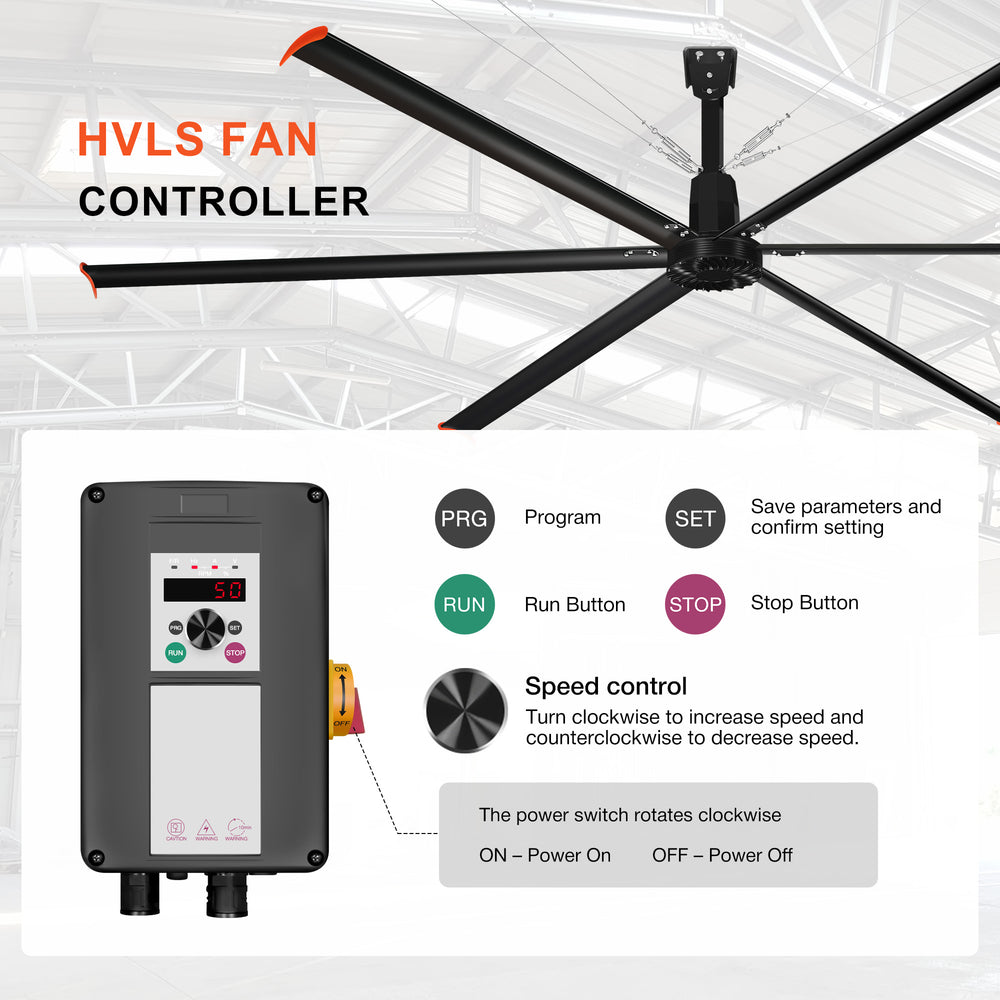 14FT/16FT HVLS Industrial Ceiling Fan 120V 1Ph No Light With 6 Aluminum Blades-Permanent Magnet Synchronous Motor-Wired Wall-Mounted Controller-Energy Efficient Large Area Air Circulation for Fan Warehouses & Factories