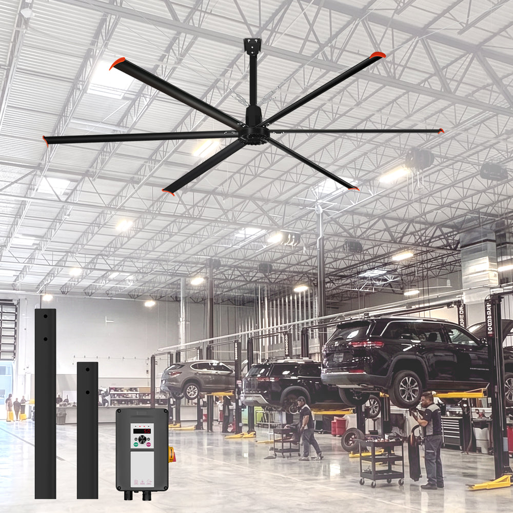 14FT/16FT HVLS Industrial Ceiling Fan 120V 1Ph No Light With 6 Aluminum Blades-Permanent Magnet Synchronous Motor-Wired Wall-Mounted Controller-Energy Efficient Large Area Air Circulation for Fan Warehouses & Factories