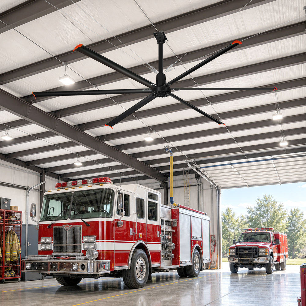 14FT/16FT HVLS Industrial Ceiling Fan 120V 1Ph No Light With 6 Aluminum Blades-Permanent Magnet Synchronous Motor-Wired Wall-Mounted Controller-Energy Efficient Large Area Air Circulation for Fan Warehouses & Factories